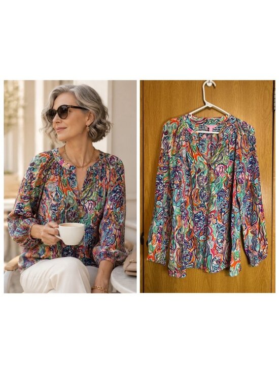 Lilly Pulitzer Tops - LILLY PULITZER Elsa Silk Top Tunic Blouse Colorful MEDIUM Preppy Quiet Luxury